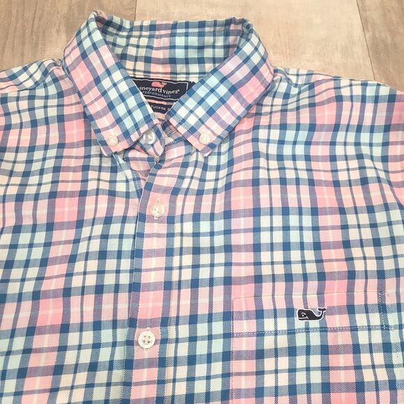 Vineyard Vines Slim Fit Tucker Shirt Size L Large Pink Blue Plaid Classic Career - Picture 2 of 7